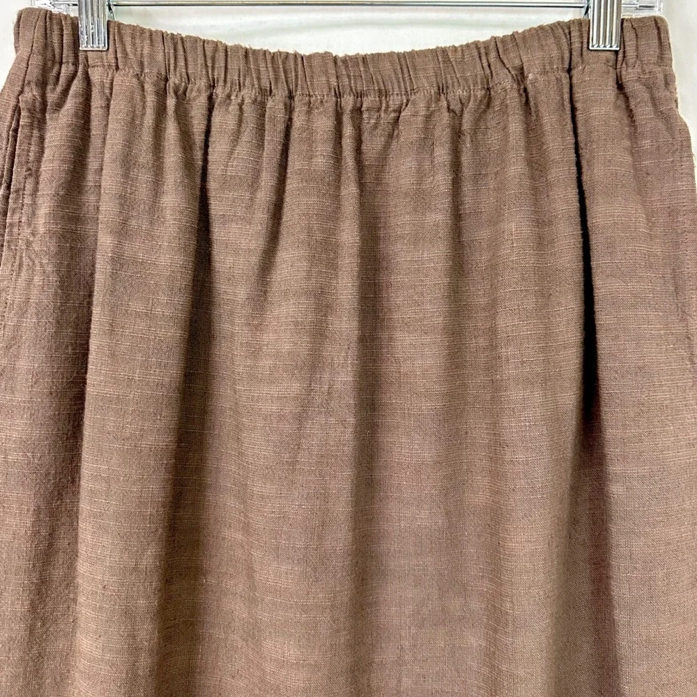 CP SHADES Vintage Brown Linen Cotton Midi Skirt Elastic Waist L Lagenlook Boho
